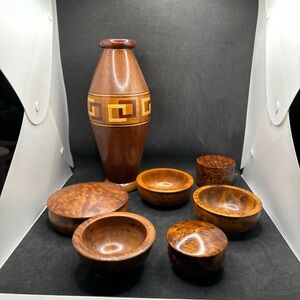 3 Wooden Bowls, Sm & Lg  Mushroom Bowl, Circle Trinket Bowl And Vase
